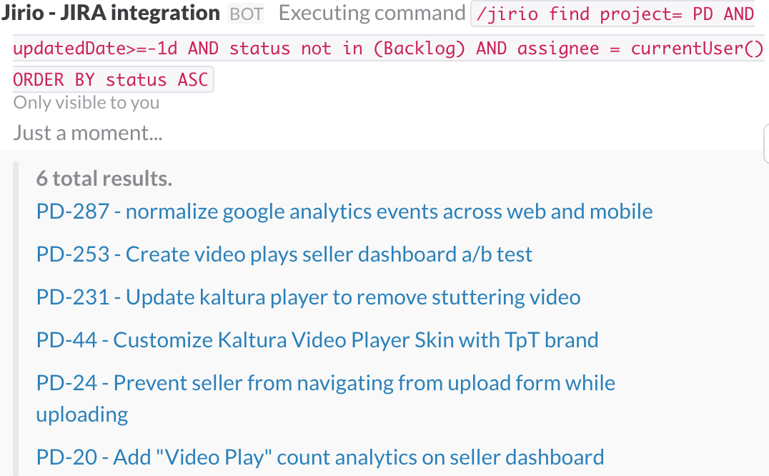 Slack command showing Jirio integration